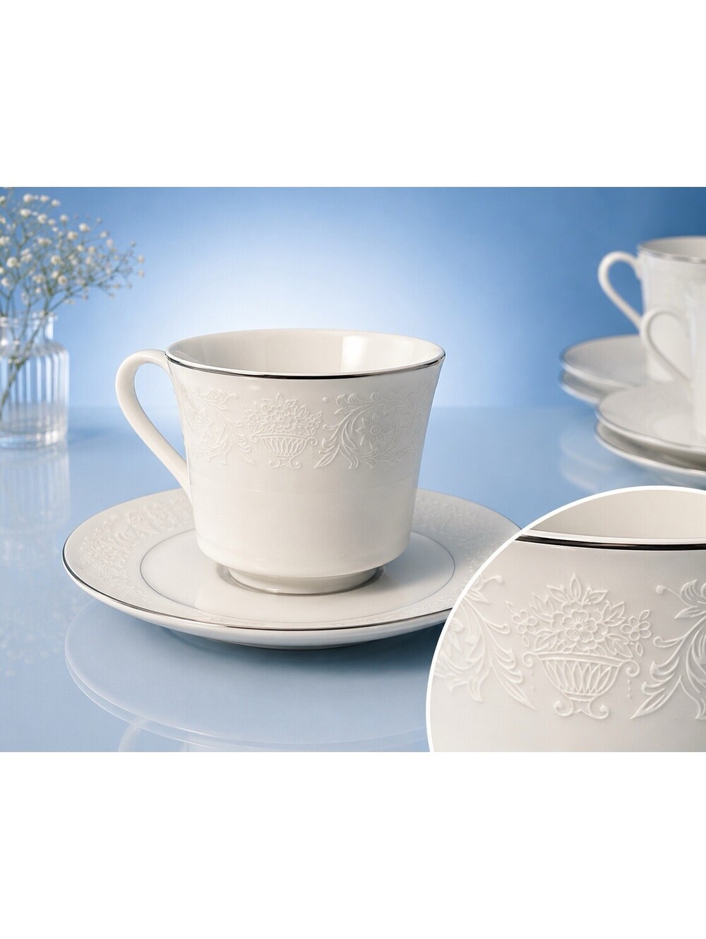 Crown Victoria 1980s Set Of 8 Cups Saucers Lovelace Porcelain White Silver